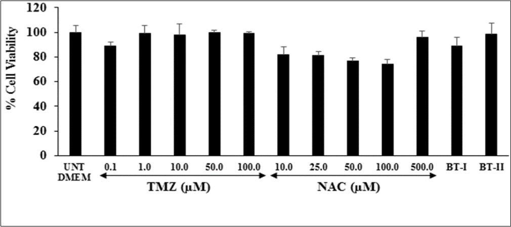 Effect of the test items and positive controls on cell viability in H9c2 cells after 24 hours of treatment. UNT: Untreated; TMZ: Trimetazidine; NAC: N-acetyl cysteine; BT-I: One-time Biofield Energy Treated DMEM; BT-II: Two-times Biofield Energy Treated DMEM