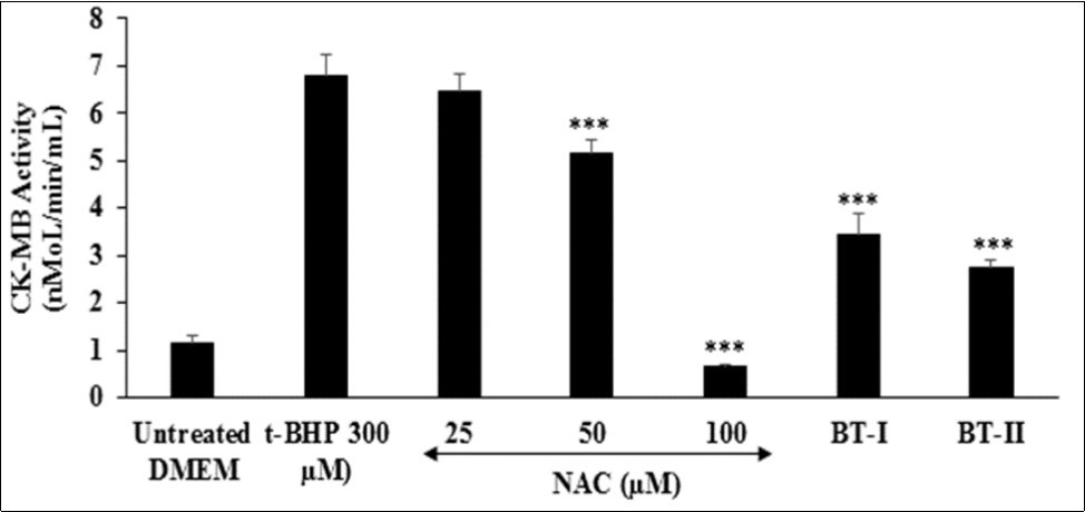 The effect of the test items (24 hours of pretreatment) on Creatine                         Kinase-Myocardial Band (CK-MB) activity against tert-butyl hydroperoxide (t-BHP) induced damage after 4 hours of treatment. NAC: N-acetyl cysteine; BT-I: One-time Biofield Energy Treated DMEM; BT-II: Two-times Biofield Energy Treated DMEM. ***p≤0.001 vs. t-BHP at 300 µM.