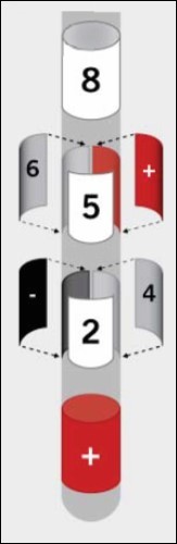This model shows the segmented electrode with its              segmented middle segments and multiple, activatable contact panels for adjusted stimulation.