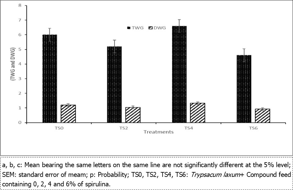 Total weight gain (TWG) and Daily weight gain (DWG) of different levels of spirulina during the period of in vivo digestibility