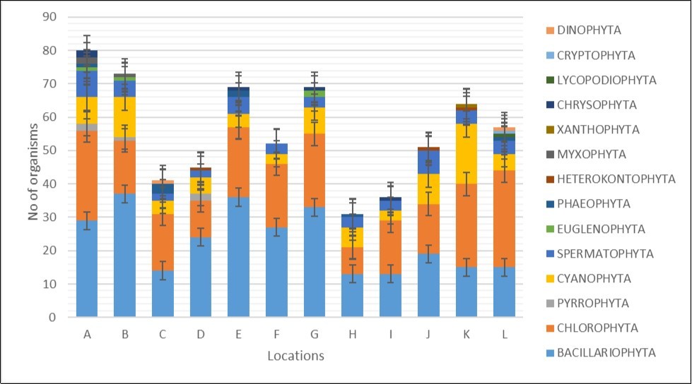 Mean of taxonomic group-based phytoplankton population density at the sampling locations in Taylor creek between November 2013 to July 2014