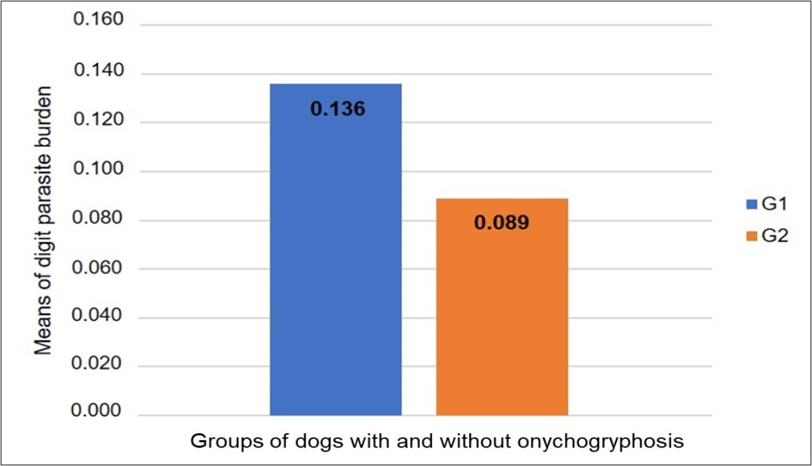 Parasite load means ascertained from the comparison between the groups of dogs with                           onychogryphosis (G1) and without onychogryphosis (G2). Tukey’s test (p=0.0538).