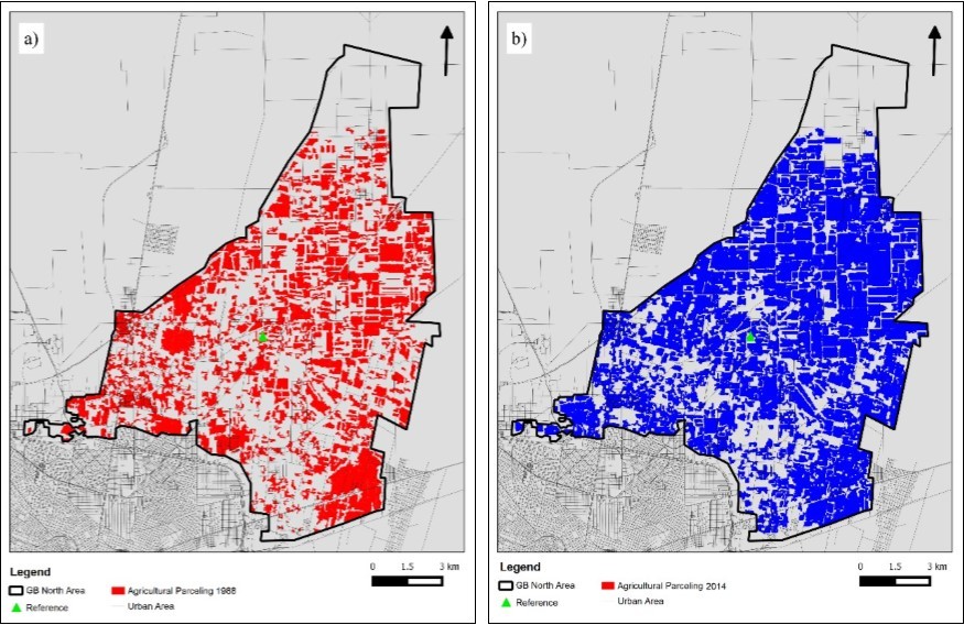 Results of segmentation and classification of agricultural parcels. a) Distribution and size of parcels for 1988 and b) for 2014.
