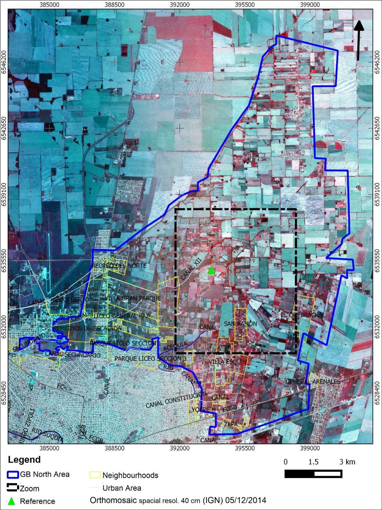 Northern sector of the Green Belt of Córdoba. The image corresponds to an                    orthorectified mosaic generated by the Instituto Geográfico Nacional (IGN). RGB:                       NIR-Red-Green. (Date of aerial photographic flight: 1,2,3,4 and 5/12/14). IGN-Dirección de Sensores Remotos.