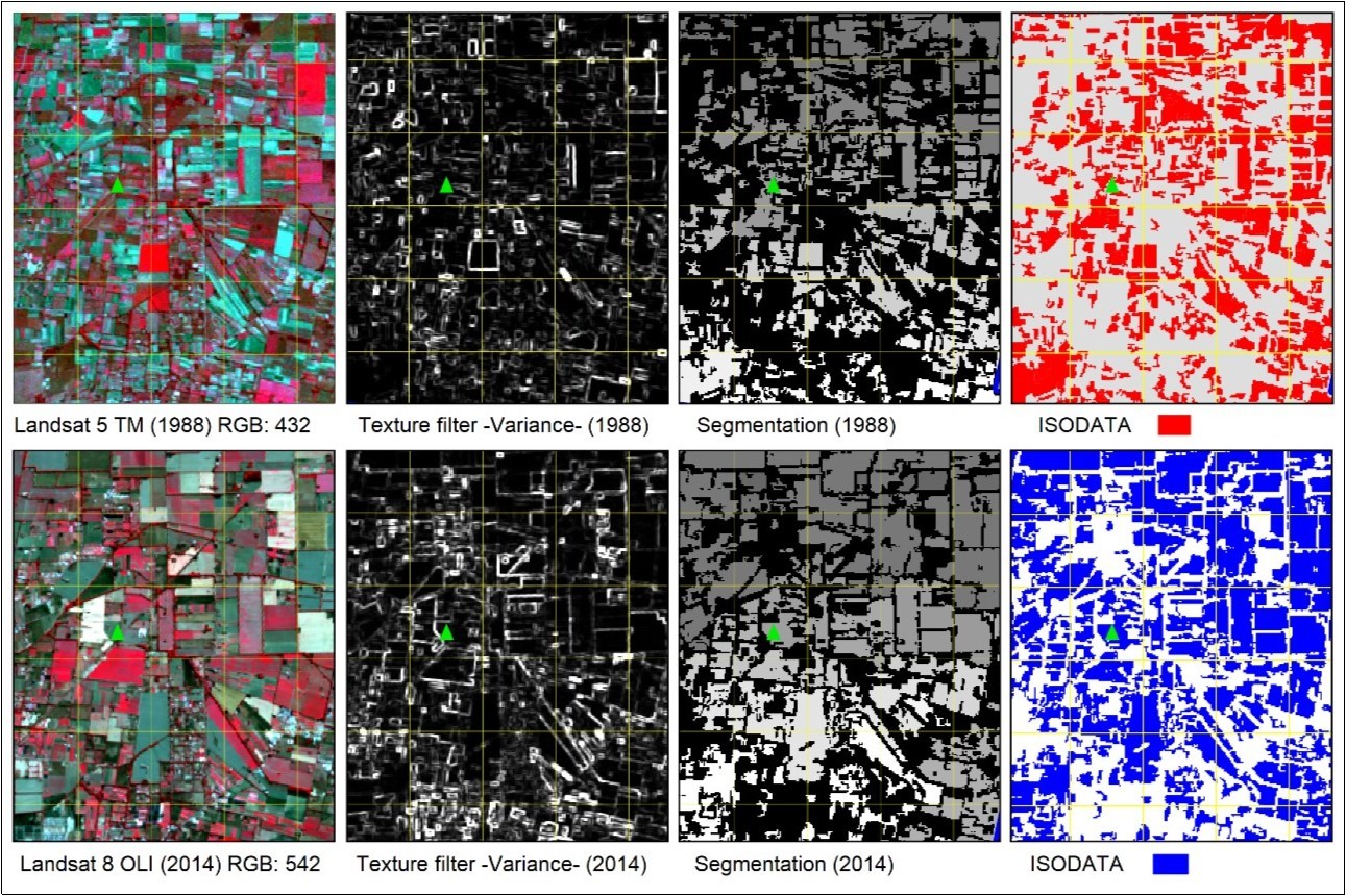 Scheme of the processing for the identification of the parcel structure of a                        productive area of the northern sector of the Green Belt of Córdoba. The upper right                   quadrant (RGB: 421) represents the parceling situation in 1988. Down, the situation                    corresponding to the same sector in 2014 (RGB: 542).