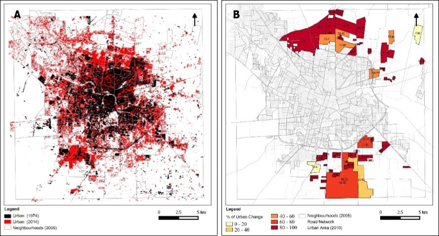 Map representing the urban area in 1974 (in black), and in 2014 (overlapped in red). B. Percent change in the urban area per neighborhood.