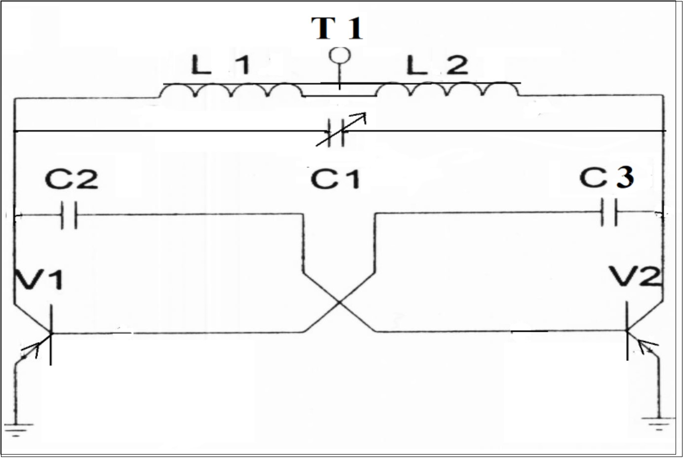 Electronic circuit physically modeling system (7). T1- standard fly back transformer with a closed                   ferrite core L1  has  12 turns, L2has 400 turns, C1  - air variable capacitor, C2 - 800 pF, C3 -0.25 μF, V1 V2 - transistors of NTE33 type.