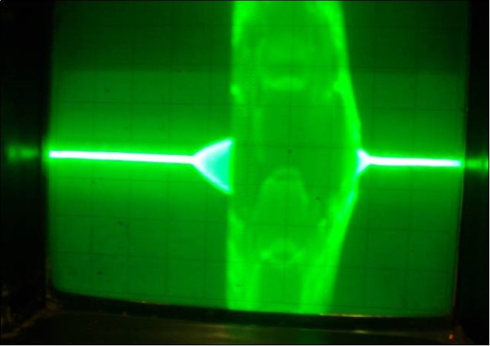 Oscillograph of the both transistors collector                  voltage in the physical model of the system (7) corresponding to the interaction process between two FPU recurrences                  corresponding to the interaction dynamics of the electron           current Ielectron. and that of the phonon current Iphonon.                       Corresponds to  prevailing of the electron current. The pulse has a complex intrinsic structure of the high frequency FPU                       recurrence (few GigaHertz). Vert axis 0.5 μ sec/cm, Horiz             axis-2volts per cm.