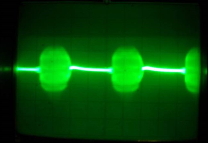 Oscillograph of the both transistors collector                  voltage in the physical model of the system (7) corresponding to the interaction process between two FPU recurrences         corresponding to the interaction dynamics of the electron         current Ielectron . and that of the phonon current Iphonon.                     Corresponds to prevailing of the electron current. The pulses have a complex intrinsic structure of the high frequency FPU recurrence (few Gigahertz). Vert axis 1.5 μ sec/cm, Horiz                axis-1volt per cm.