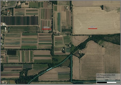The scale and diversity of crops, of the fields in the area of urban- rural  interface  in  the  periurban of  Co´rdoba.  Reference  100m  (image  source: Photogrammetry, IGN, 2016)