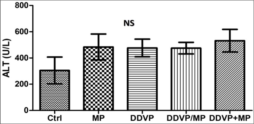 shows no significant effect on the liver of the administered groups when                compared with the control in ALT activity (P>0.05)