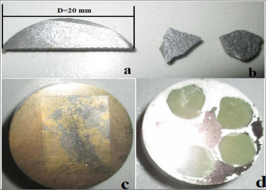 Sintered samples in the die diameter of 20 mm of BT and BTNC before and after gold metallization for microscopic observations. a- BT before metallization, b-BTNC before                     metallization, c-BT after etching and gold metallization, d- BTNC after etching and gold                   metallization.