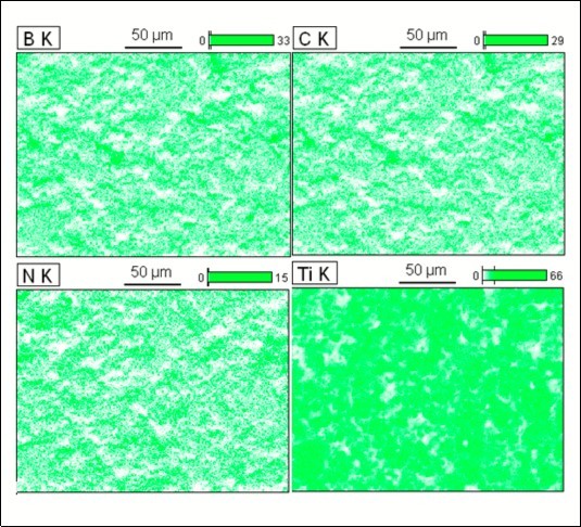 Microstructural representation and EDS maps of BTNC sample analysis displays elemental analyses of the various regions of the sintered samples. Secondary electron image, atomic concentration cartographies of B, Ti, N and C of polished and etched             surface for the sintered samples