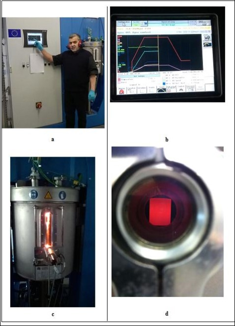 SINTER-LAB, FCT–HP D 25, SPS-1050,           ENSICAEN. (a)-The author, (b)-Variation of the         displacement, the displacement rate and the                       temperature in dependence of the heating time, (c, d)- The plasma produced by the current in the SPS chamber.