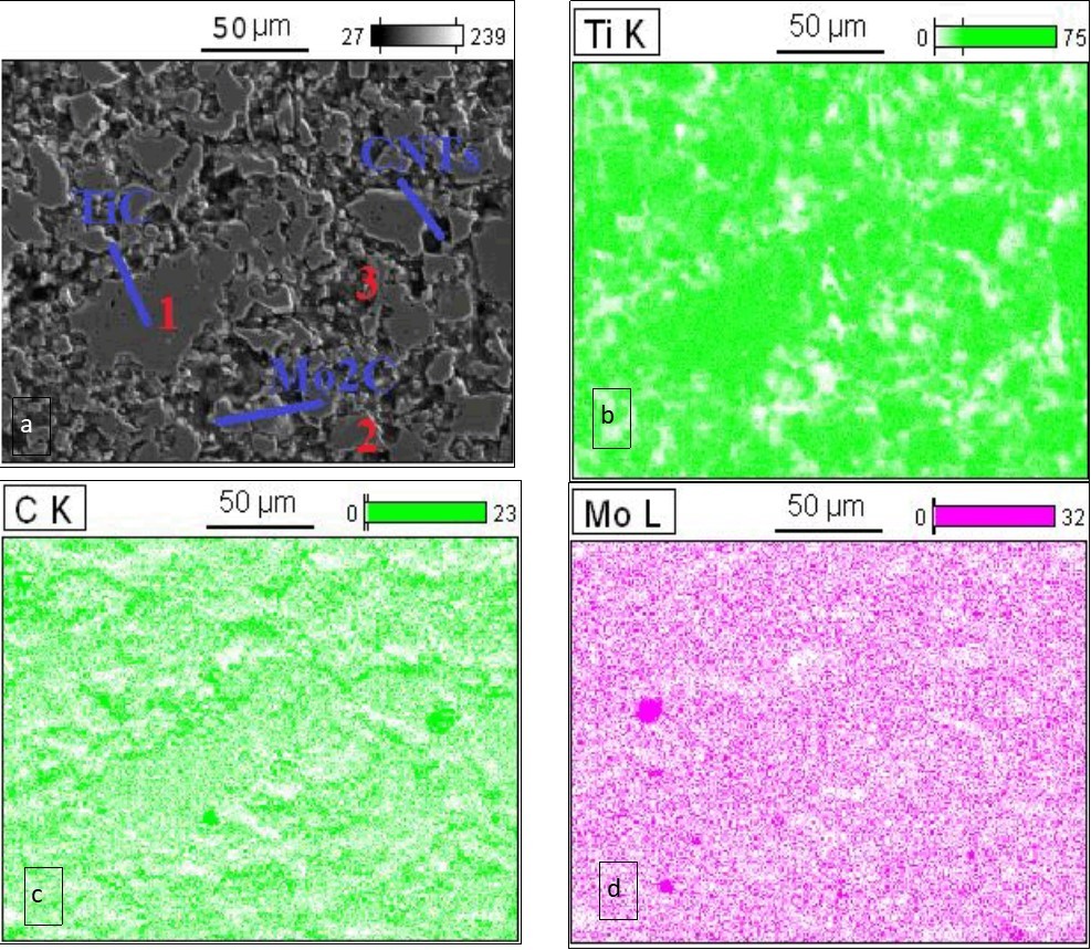 Microstructural representation and EDS maps of MTC analysis displays elemental analyses of the various regions of the sintered samples. Secondary electron image, atomic concentration                      cartographies of Mo, Ti, and C of MTC polished and etched surface for the sintered samples using a       20-mm diameter die. (a)- Overview of the nanocomposite, (b)- Cartographies of Ti,                                  (c)- Cartographiesof C, (d)- Cartographies of Mo