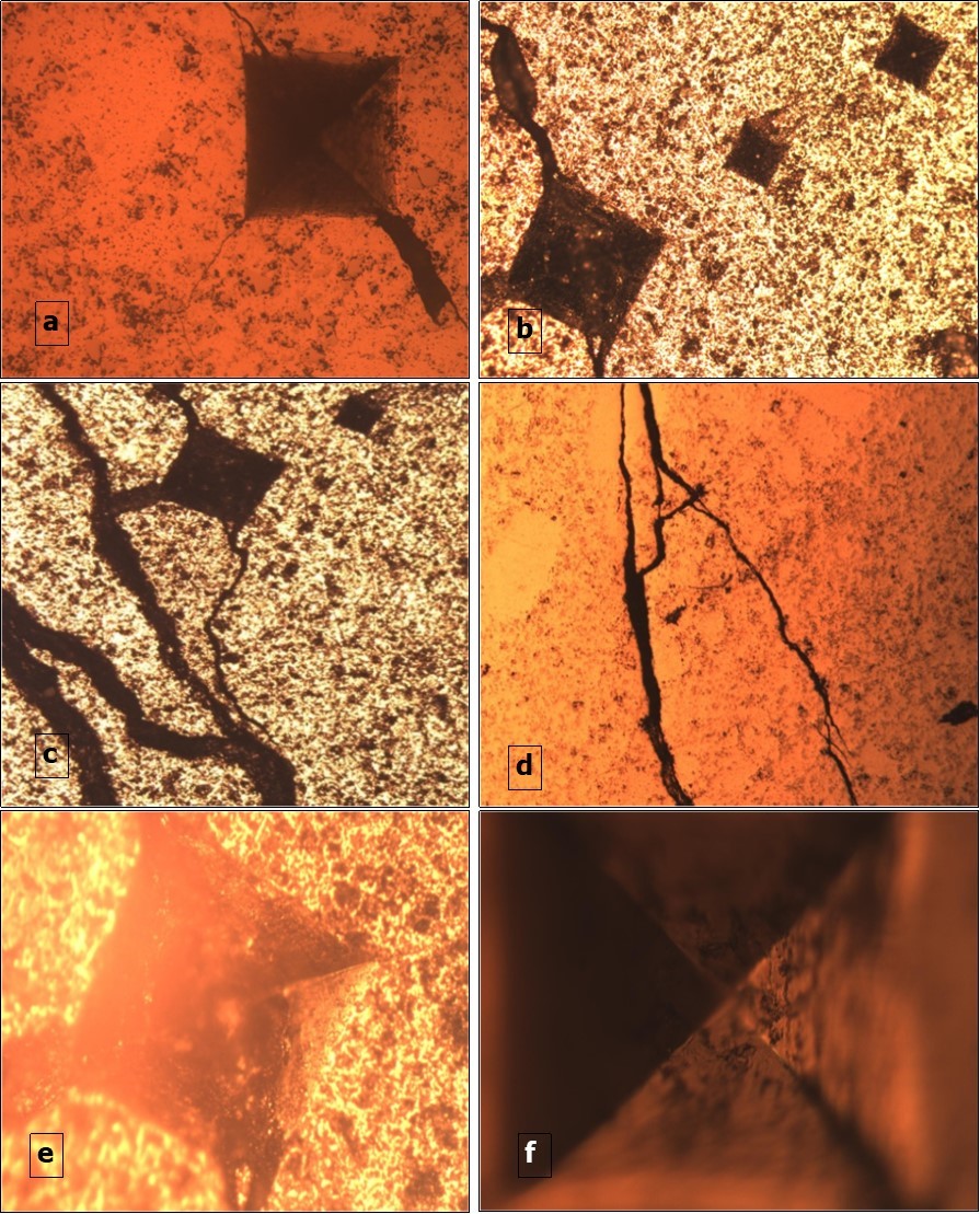 Optical micrograph of crack patterns used for IFT calculations of (a, b)-MTC tested at 300 N, (c)-MTC tested at 500 N. Micrographs  of cracks at the corners of Vickers indentation: (d)-Etched MTC showing a purely transgranular crack growth and (e, f)-High magnification of indentation label.