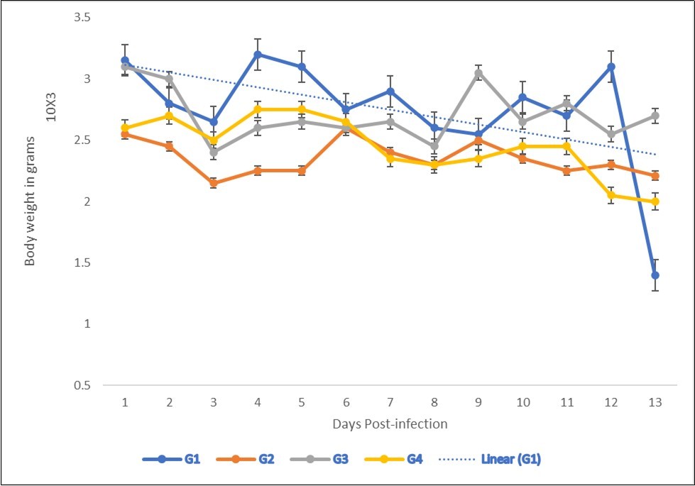 Effect of NeemAzal®Oil treatment on Body weight gain of Broiler Chicken infected with                Eimeria tenella oocysts. G2=negative control (infected, not treated). G3=positive control (infected and treated with amprolium) 13 days’ post-infection