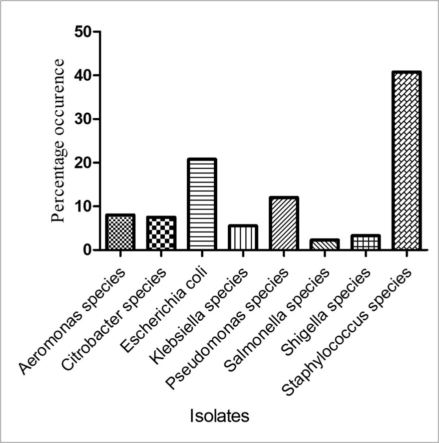 The frequency of occurrence of bacteria isolated from the water samples