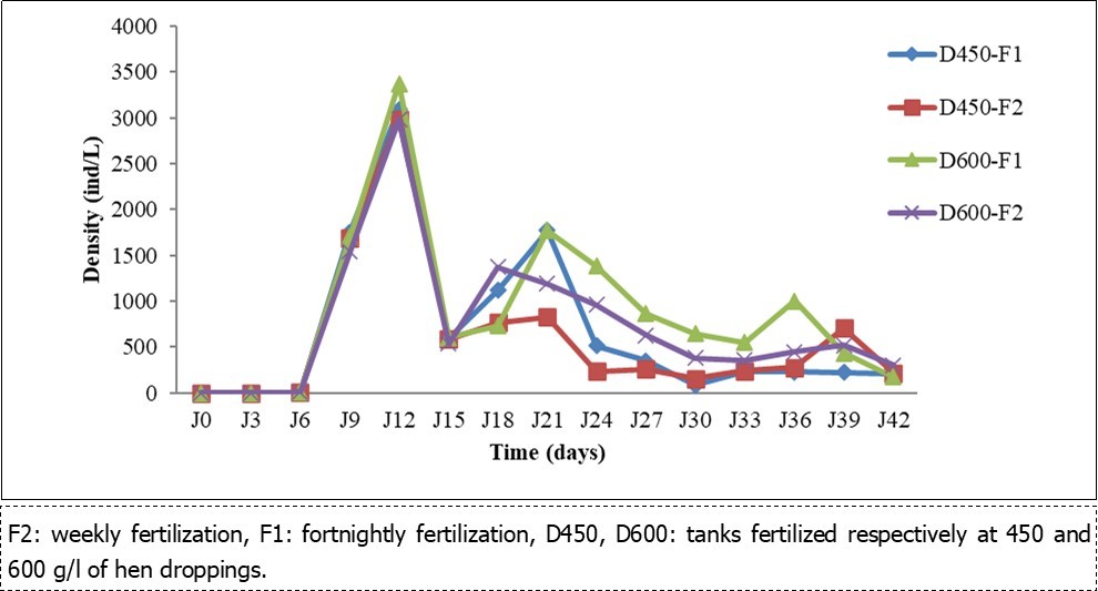 Evolution of the average density (ind/l) of zooplankton according to the dose and the frequency of fertilization with hen droppings in nursery