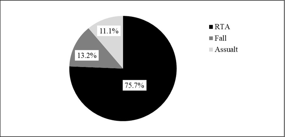 Distribution of cause/mechanism of injury of traumatic brain injury patients treated at the surgical side, in Nekemte Referral Hospital, Oromia, and Ethiopia from July 8, 2016 to July 7, 2018.