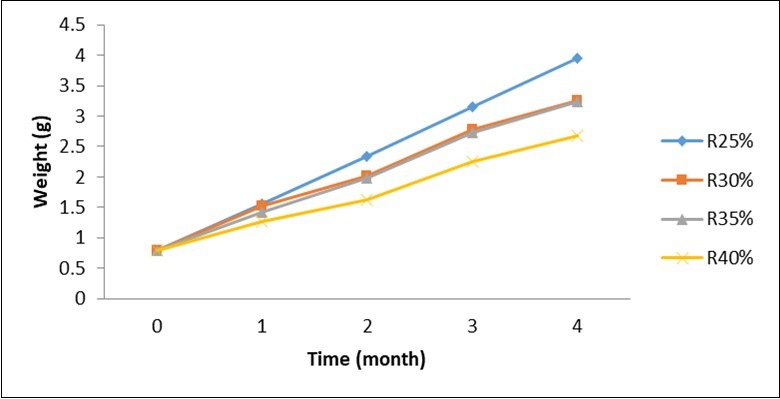 Evolution of body live weight of Labeobarbus batesii according to the level of protein in the compound food