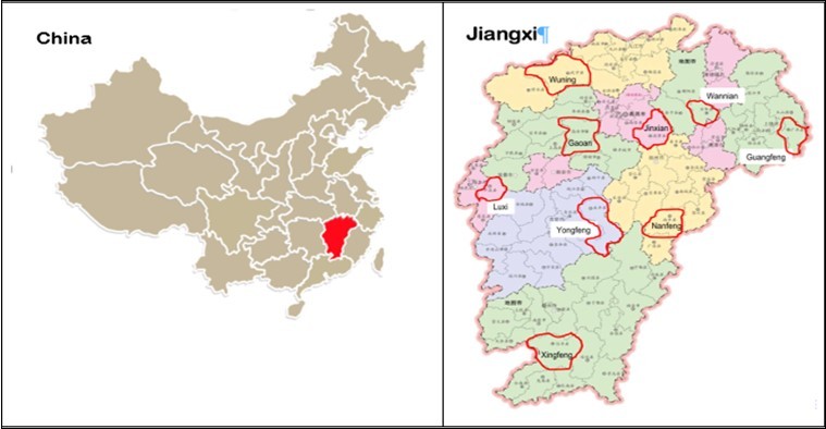 Location of Jiangxi Province (red) in China (Left panel) and nine sampled counties and cities for this study in Jiangxi (Right panel).