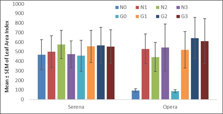 Impact of Guano and Nitrogen on Leaf Area Index of Seren  and Opera cultivars (AlKadaro, Sudan, 2017)