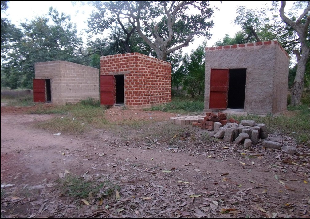 The concrete stone house, the red-stone house and the mud-house           dimension 2.5 x 3 m in ground area.