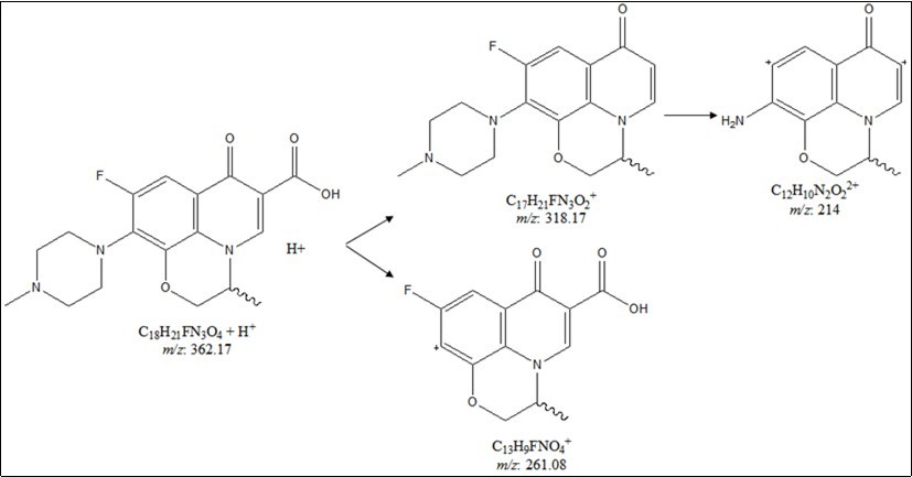 Proposed fragmentation pattern of ofloxacin with respect to the mass spectra.