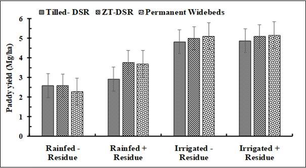 Effect of tillage and crop establishment methods, residue mulch and irrigation               provisions (+/-)  on productivity of a direct dry seeded rice crop on Jabalpur deep black soil (Adapted from Gupta et al., 2019)