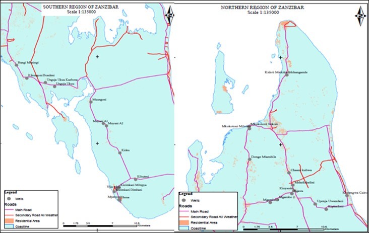 Sampling station in North and South regions of Zanzibar Island