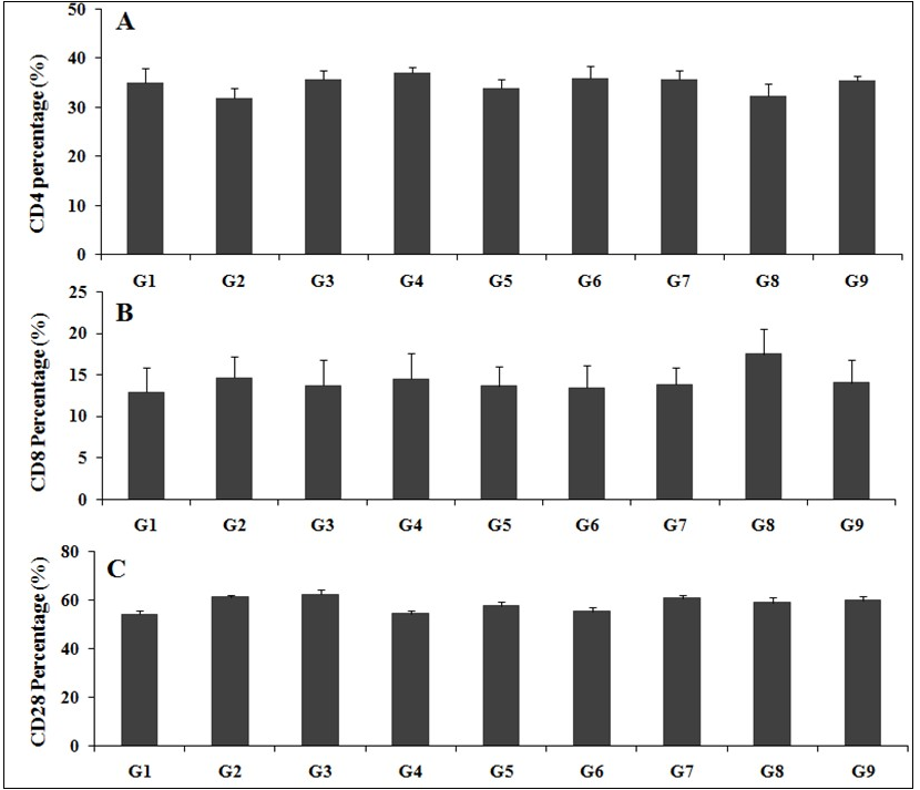The effect on the cellular biomarkers in blood sample of male SD rats after treatment with the test formulation on various groups (G1 – G9). (A) CD4+, (B) CD8+, and (C) CD28+. G1: Normal control; G2: Disease control (Aging control D-galactose (500 mg/kg, i.p.)); G3:              Resveratrol, 200 mg/kg; G4: Untreated test formulation; G5: Biofield Energy Treated test                 formulation; G6: Biofield treatment per se to animals (-15 Days); G7: Biofield Energy Treated test formulation (-15 Day); G8: Biofield Energy Treatment per se to animals plus Biofield Energy Treated test formulation ( -15 Days); and G9: Biofield Energy Treatment per se to animals plus untreated test formulation. All the values are represented as mean ± SEM (n=8).