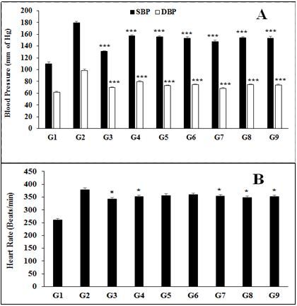 The effect of the test formulation on A. blood pressure (systolic and diastolic) and B. heart rate in Sprague Dawley rats. G1 as normal control (vehicle, 0.5% w/v CMC-Na); G2 as disease control                        (L-NAME + high fat diet (HFD) + 0.5% CMC); G3 as reference item (L-NAME + HFD + Captopril +                    Atorvastatin); G4 includes L-NAME + HFD along with untreated test formulation; G5 as L-NAME + HFD along with the Biofield Energy Treated test formulation; G6 group includes L-NAME + HFD along with Biofield Energy Treatment per se to animals from day -15; G7 as L-NAME + HFD along with the Biofield Energy Treated test formulation from day -15; G8 group includes L-NAME + HFD along with Biofield  Energy Treatment per se plus the Biofield Energy Treated test formulation from day -15, and G9 group denoted L-NAME + HFD along with Biofield Energy Treatment per se animals plus the untreated test formulation. Values are presented as mean ± SEM (n=7 to 9). *p≤0.05 and ***p≤0.001 vs. Disease control (G2).