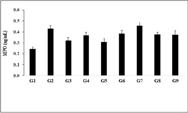 The effect of the test formulation on the level of serum Myloperoxidase (MPO) in   Sprague Dawley rats.