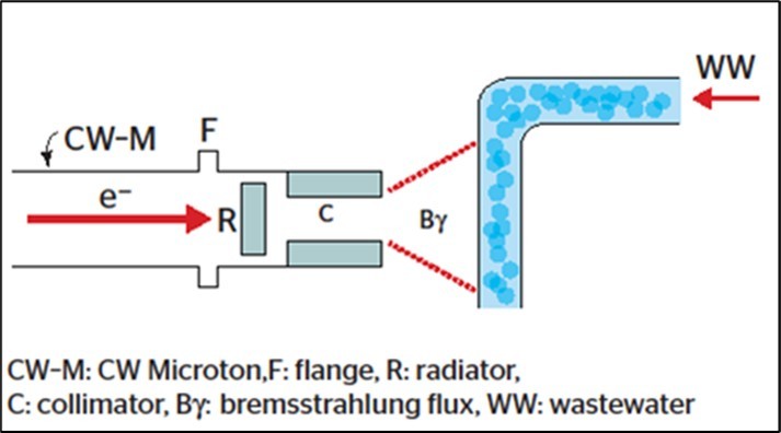 Water treatment facility. Graphic representation of our proposed water irradiation facility, using electron beams delivered by a 5 MeV-booster from the Continuous Weave (CW) racetrack Microtron at our laboratory 33, similar to a large-scale water/wastewater treatment facility (details in                    3031).