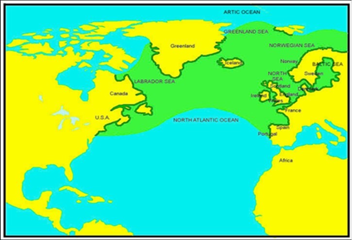 The distribution of Atlantic salmon within the North Atlantic Ocean. They enter the ocean from rivers in the adjacent countries, and later return to their rivers to spawn