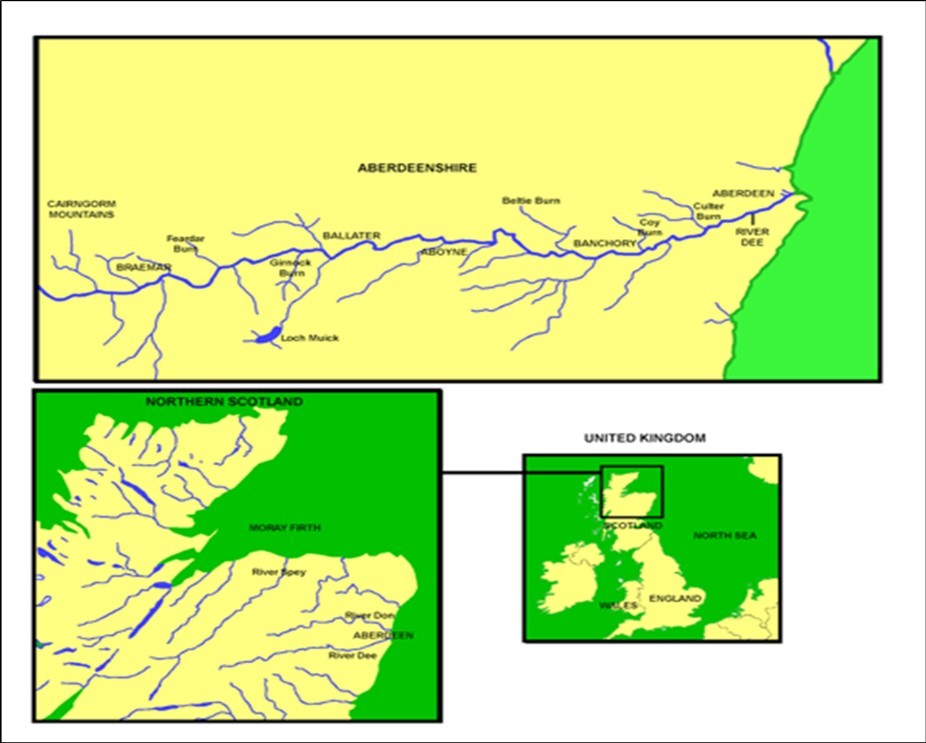 A map of Scotland showing the River Dee and many of its tributaries, together with some of the adjacent towns.