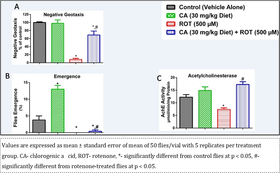 Influence of chlorogenic acid on negative geo taxis, flies’ emergence and acetyl cholinesterase activity in rotenone-treated flies.