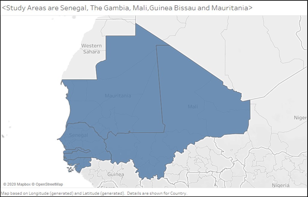 The study area: Gambia (GMB, 10 380 km2), Guinea-Bissau (GNB, 36125 km2), Mali (MLI, 1 240 192 km2), Mauritania (MRT, 1 030 700 km2) and   Senegal ( SEN, 196 723 km2).