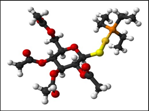Auranofin Structure. Ball-and-stick model of the auranofin molecule, as found in the crystal structure.