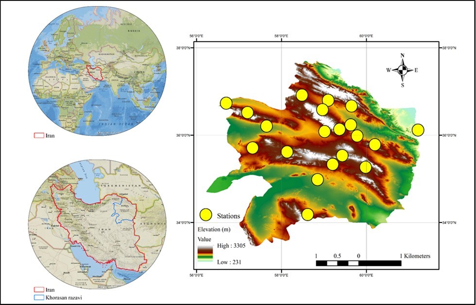 The location of Khorasan Razavi province and related stations of the study area.