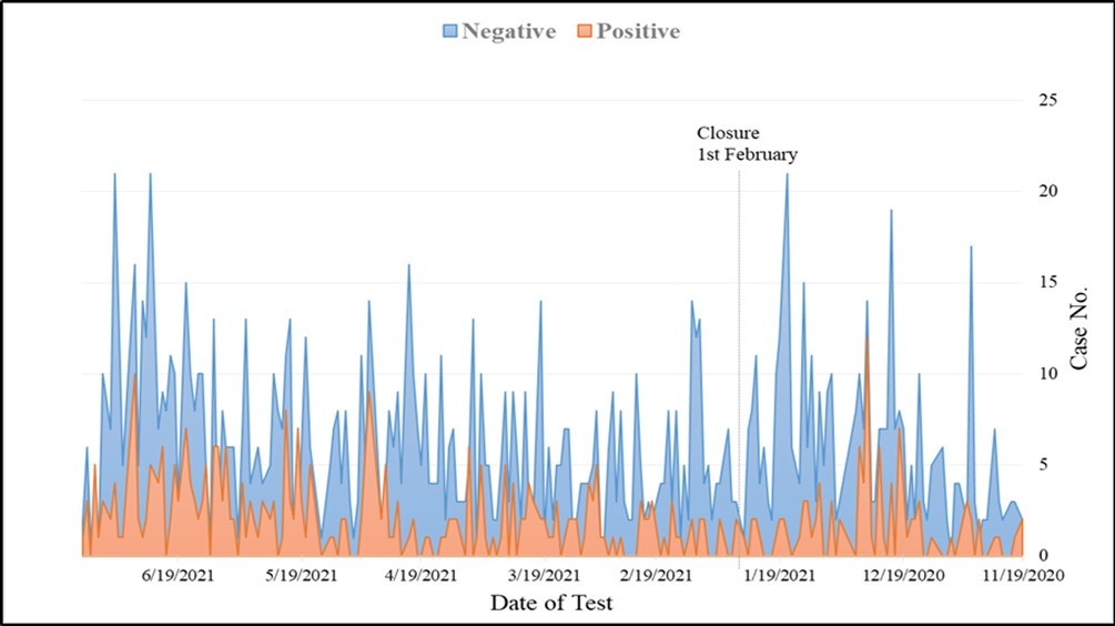 Trend of COVID 19 cases during the studying year according to date of testing