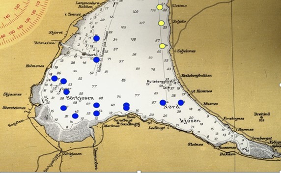 (Drawn by me) The sounds made by haddock during spawning at Balsfjord, north of the Arctic Circle near Tromso in northern Norway. The males made repeated knocks on the seabed, and were located using a hydrophone hanging                beneath a ship. Their presence is shown in the blue areas.