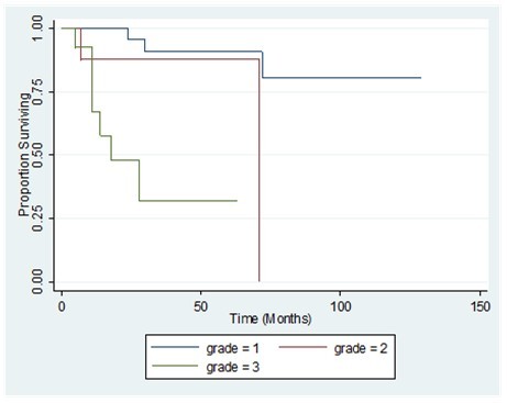 Comparison of the overall survival by tumor grade of patients with primary breast sarcoma in the Philippine General Hospital from 2000-2010