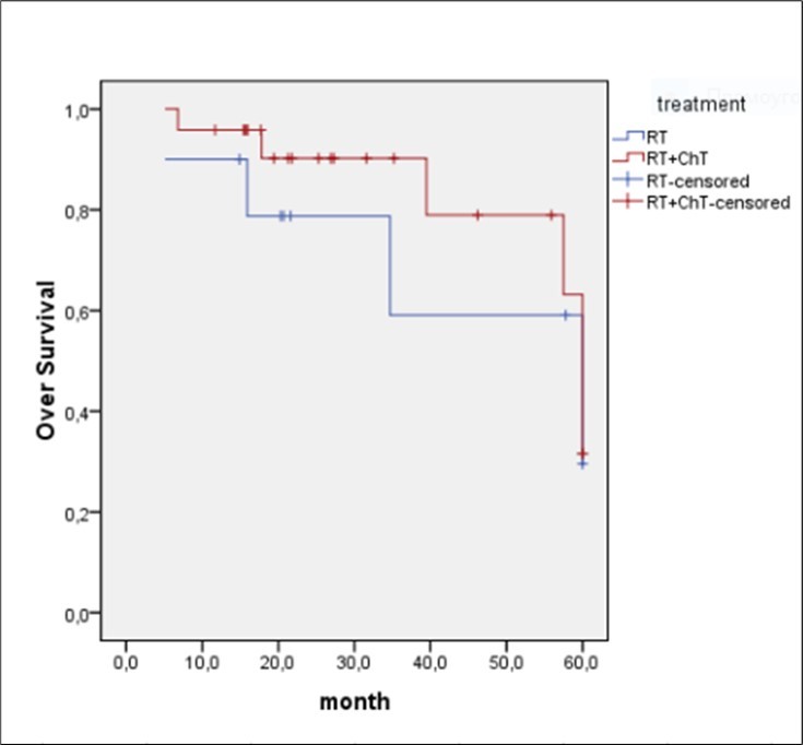 Results of OS in PAM-active and PAM-stable patients. Red and blue lines are ChT+RT and RT treatments respectively. The small and perpendicular lines are indicated patients with mutations
