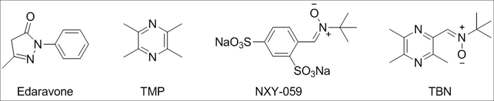 The chemical structures of Edaravone, TMP, NXY-059, and TBN.