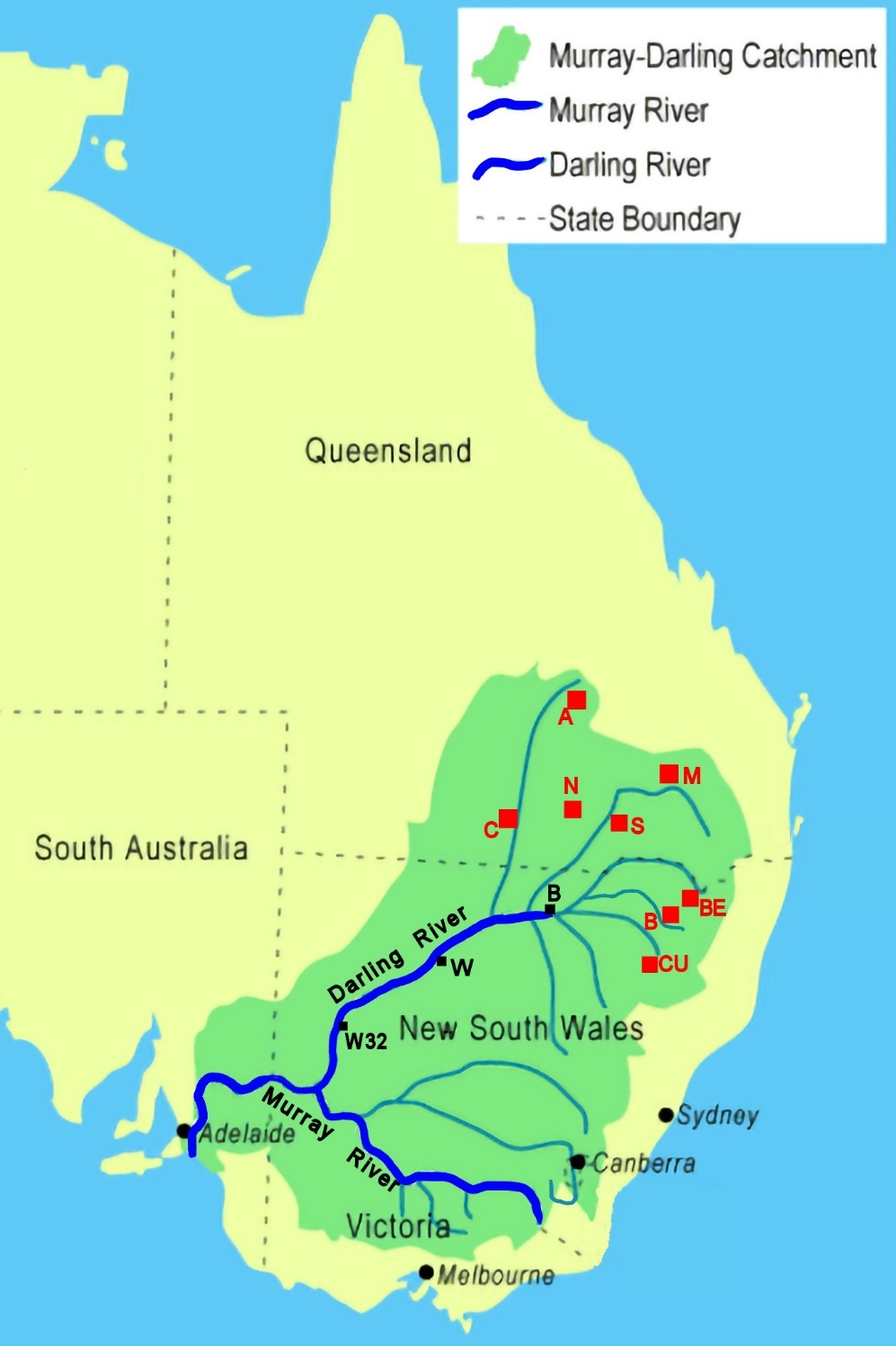 Map of eastern Australia showing the Murray and Darling Rivers and their tributaries in the               Murray-Darling Basin (MDB). Northern MDB catchment rainfall sites used in the study (red font):                   Augathella (A); Cunnamulla (C); Normandy (N); Surat (S); Miles (M); Bellata (BE); Bingara (BI); Curlewis (CU). Darling River level sites using archived monthly river level data (black font): Bourke (B); Wilcannia (W); Weir32 (W32). Other locations marked are states and cities.