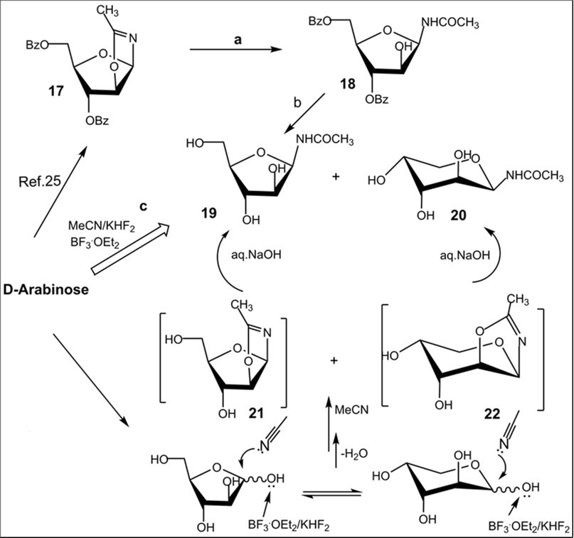 Synthesis of N-β-D-glycosyl acetamides with arabino configuration from                    D-arabinose. Reagents and conditions: a) 17, CHCl3, silica gel (entry 6, table 1), 18, 84%; b) 18, NH3/MeOH, rt, 18 h, 19, 68%; c) D-arabinose, CH3CN, KHF2, BF3.Et2O, rt, 4 h 10 min, CC, 19, 21%, 20, 18%.