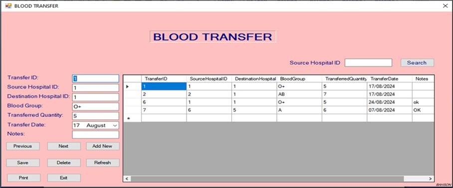 Blood transfer window