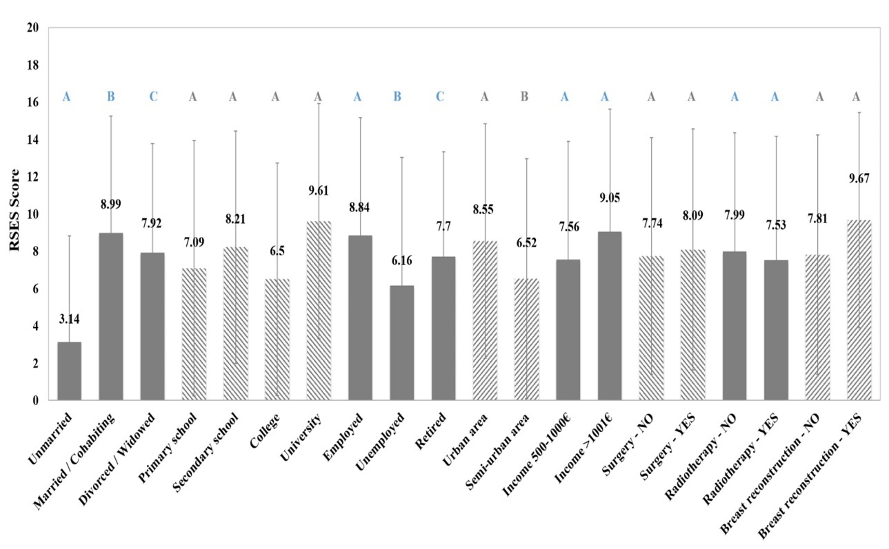 Effect of the socio-economic and medical factors on the Rosenberg self-esteem scale score of women with breast cancer (pre-intervention, N=188). Different letters above bars indicate statistically significant difference at p<0.05 between groups of each factor.